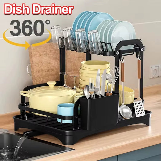 360° Rotating Double-Layer Kitchen Tableware Drying and Storage Rack